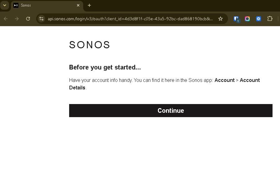 The Sonos sign-in start page