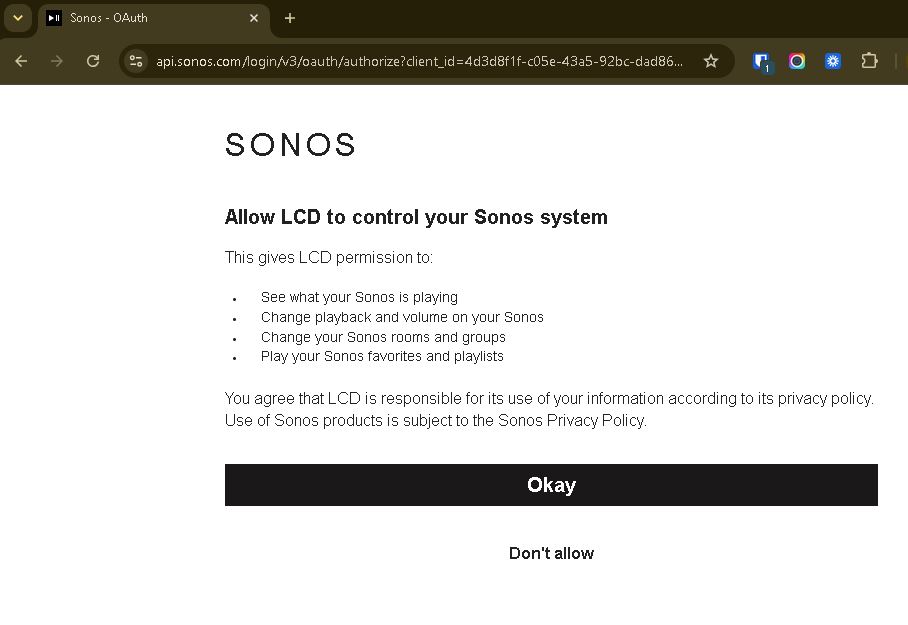 Granting LCD permission to control the Sonos system