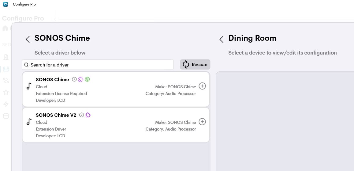 Selecting the SONOS Chime V2 driver in the configurator