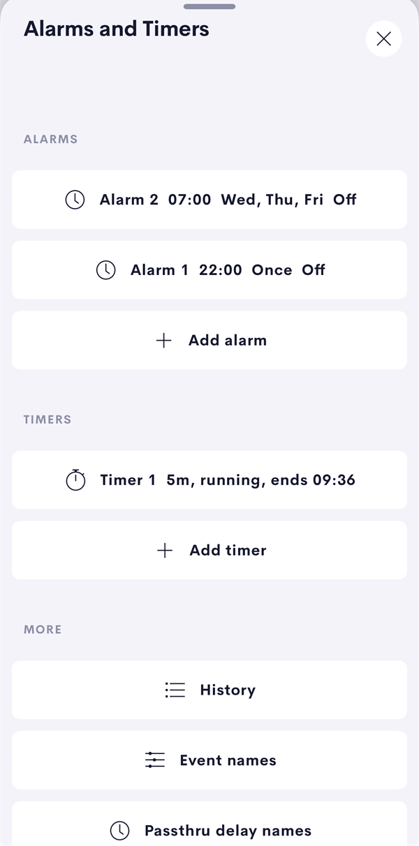 The Alarms and Timers page in the Crestron Home app