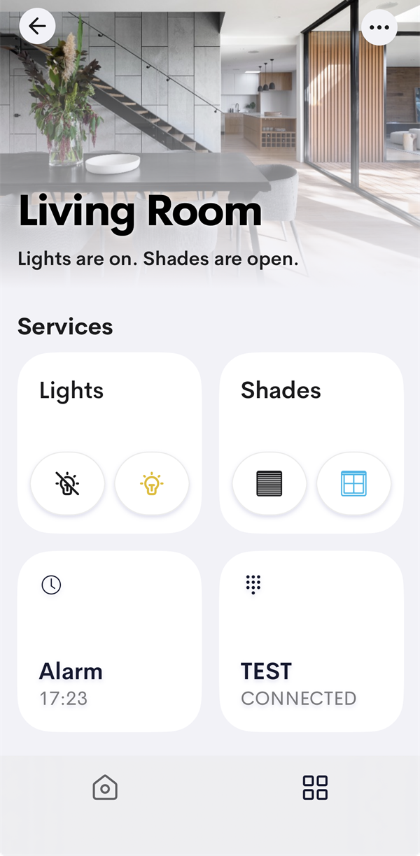 The Alarm Clock tile, named Alarm, on a room page in the Crestron Home app