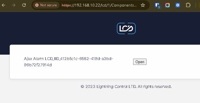 LCD product finder listing the Ajax Alarm driver with an Open button